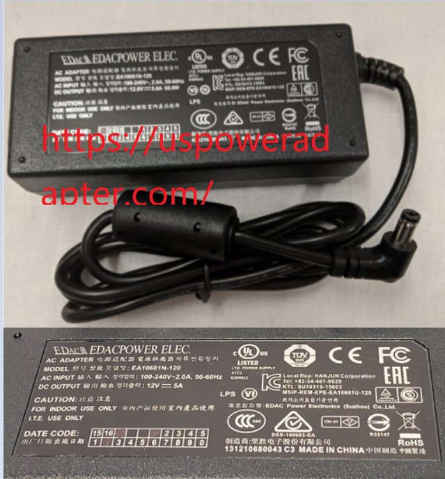 NEW GENUINE and original EDAC EA10681N-120 AC ADAPTER 12V DC 5A Tip size 5.5 X 2.1mm